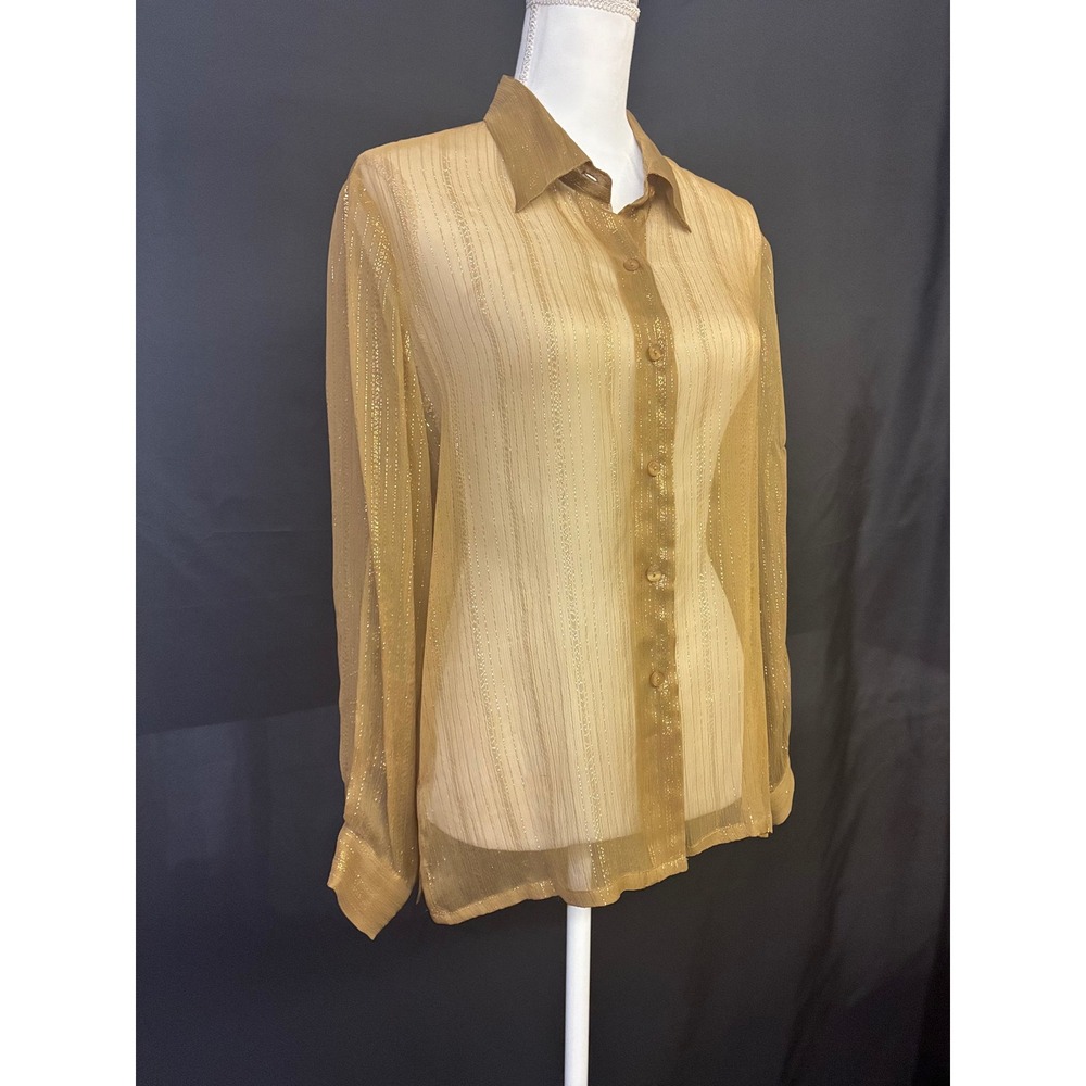 SILK CLUB Petite‎ Metallic Stripe Sheer Button Up Blouse Top Gold Size P/M
